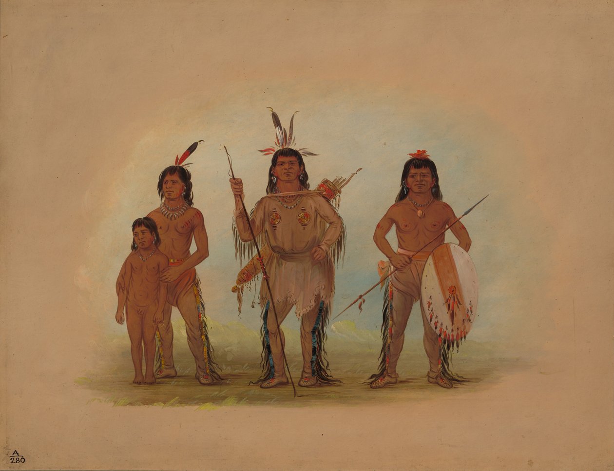 Spokane Chief, Two Warriors, and a Boy, 18551869. od George Catlin