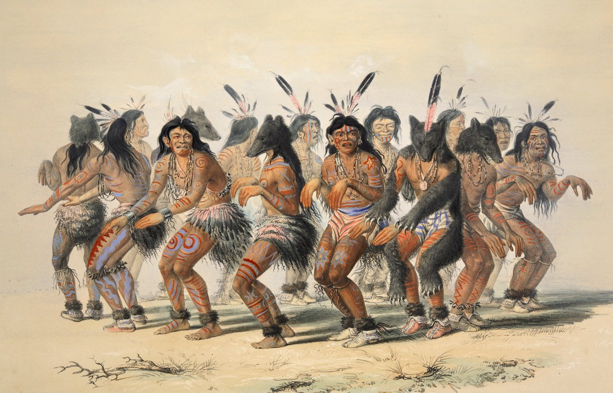 Detail Medvědího tance, hospoda. 1845 barevná litografie. od George Catlin