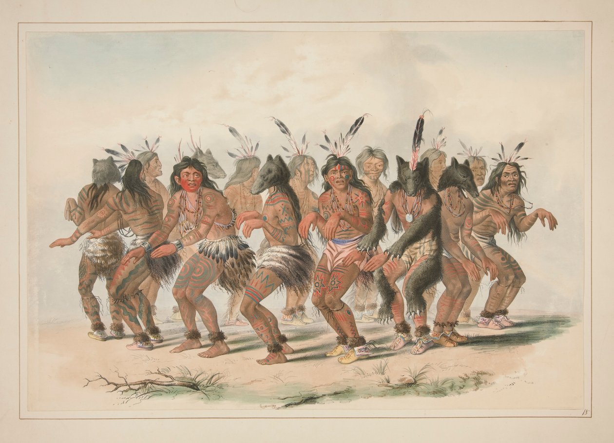 Medvědí tanec, pl. 18 z portfolia severoamerických indiánů od George Catlin