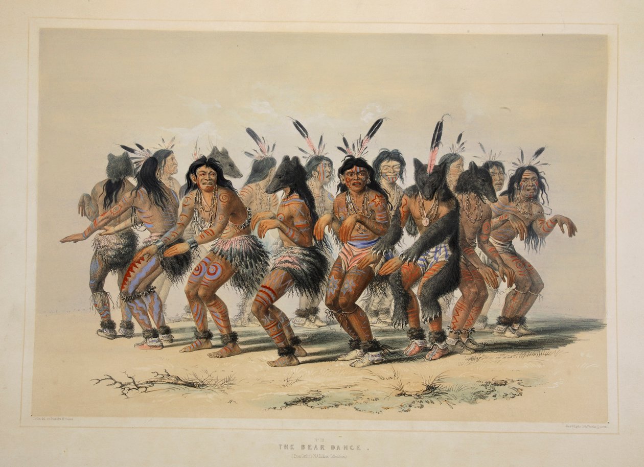 Medvědí tanec, hospoda. 1845 barevná litografie. od George Catlin