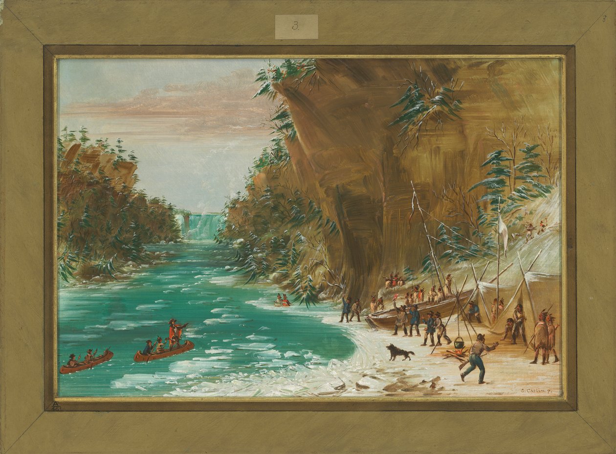 Expedice se utábořila pod Niagarskými vodopády 20. ledna 1679, 1847-48 od George Catlin