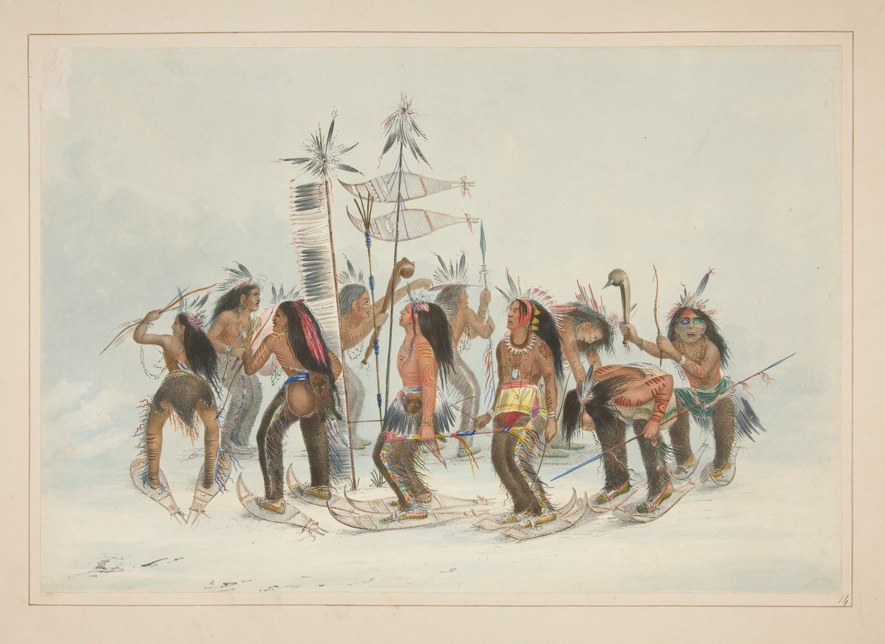 Tanec na sněžnicích, pl. 14 z portfolia severoamerických indiánů od George Catlin