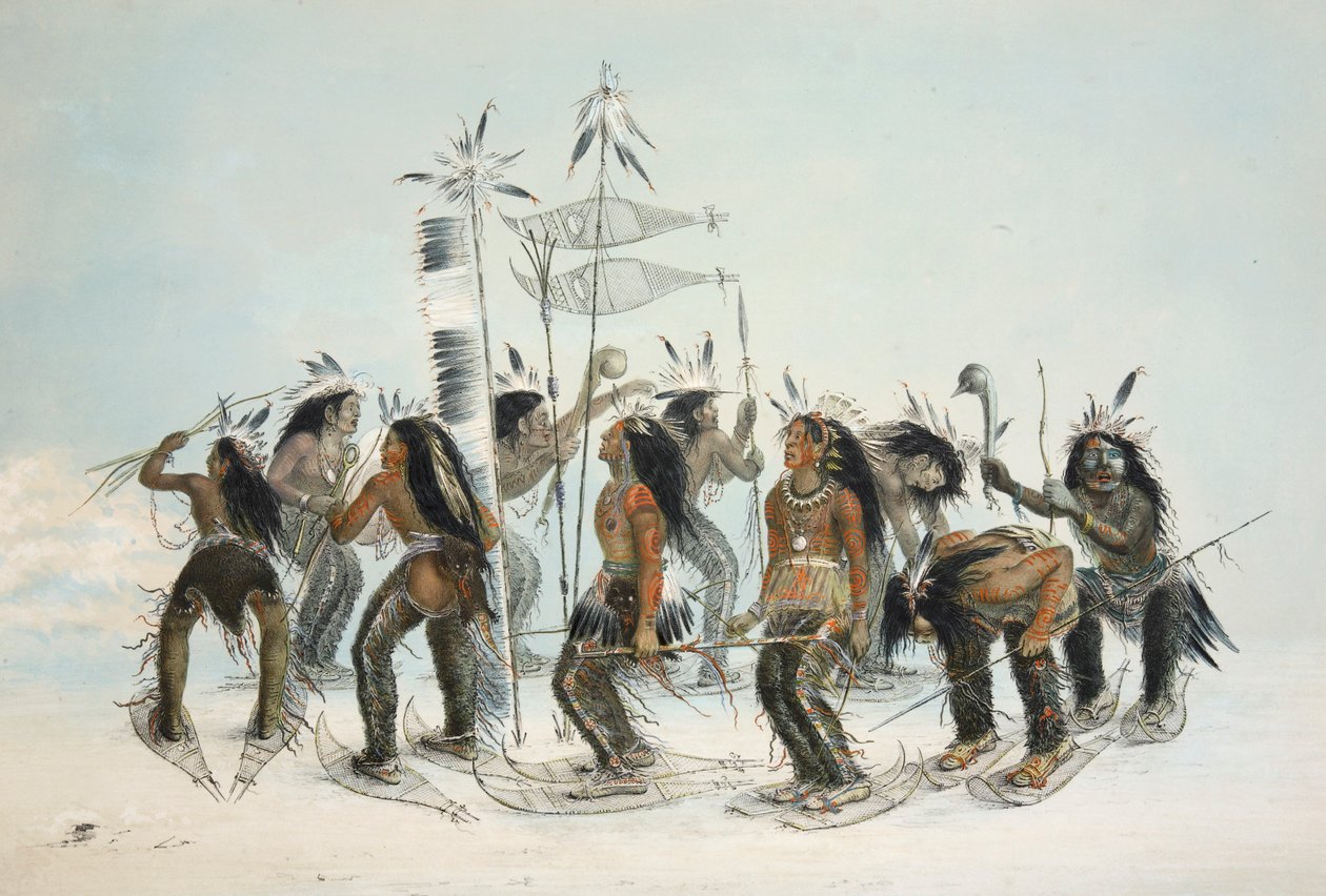 Tanec na sněžnicích, hospoda. 1845 barevná litografie. od George Catlin