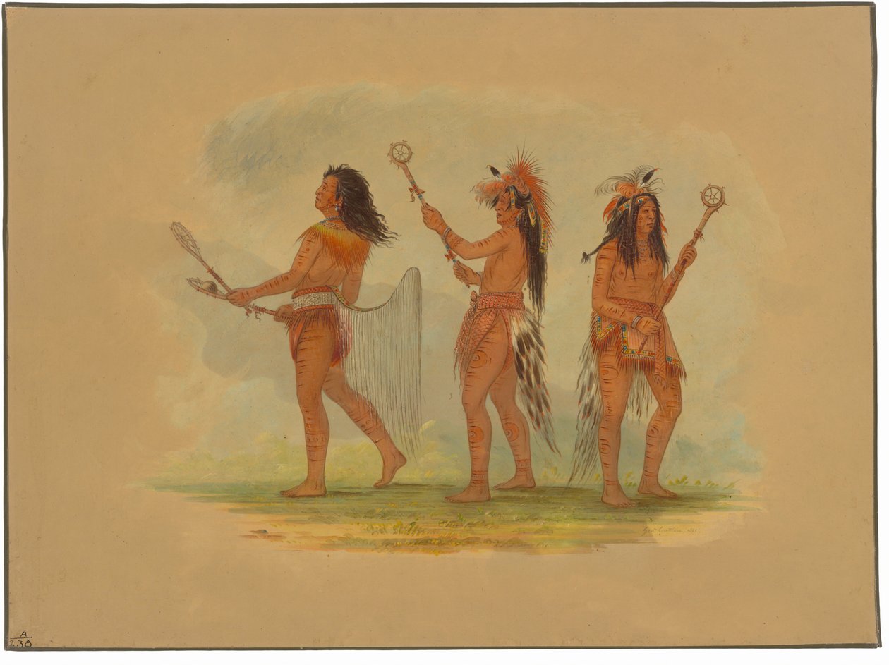 Tři slavní hráči míče - Choctaw, Sioux a Odžibbeway od George Catlin