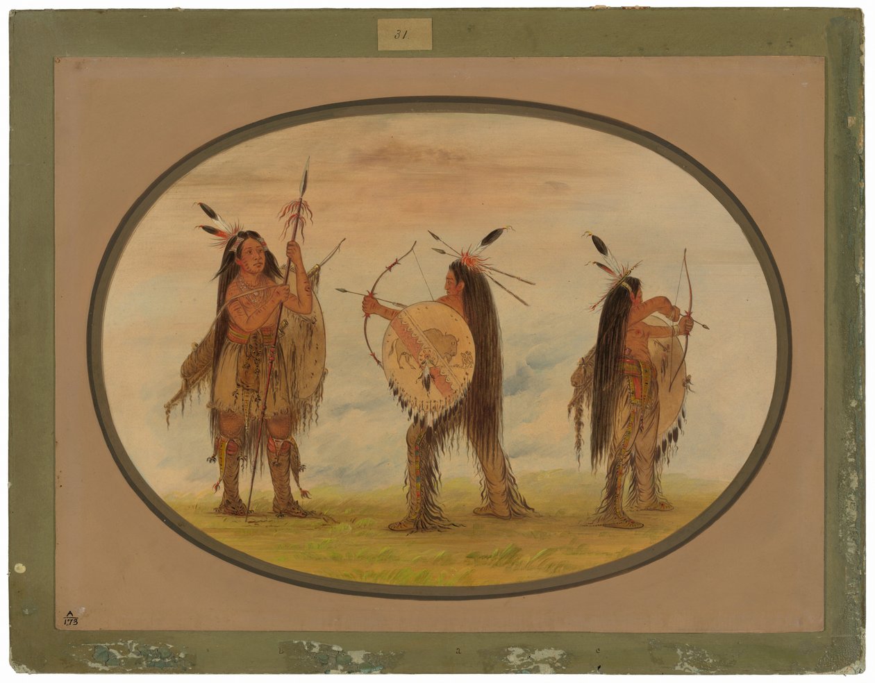 Tři mandanští válečníci vyzbrojení k válce od George Catlin