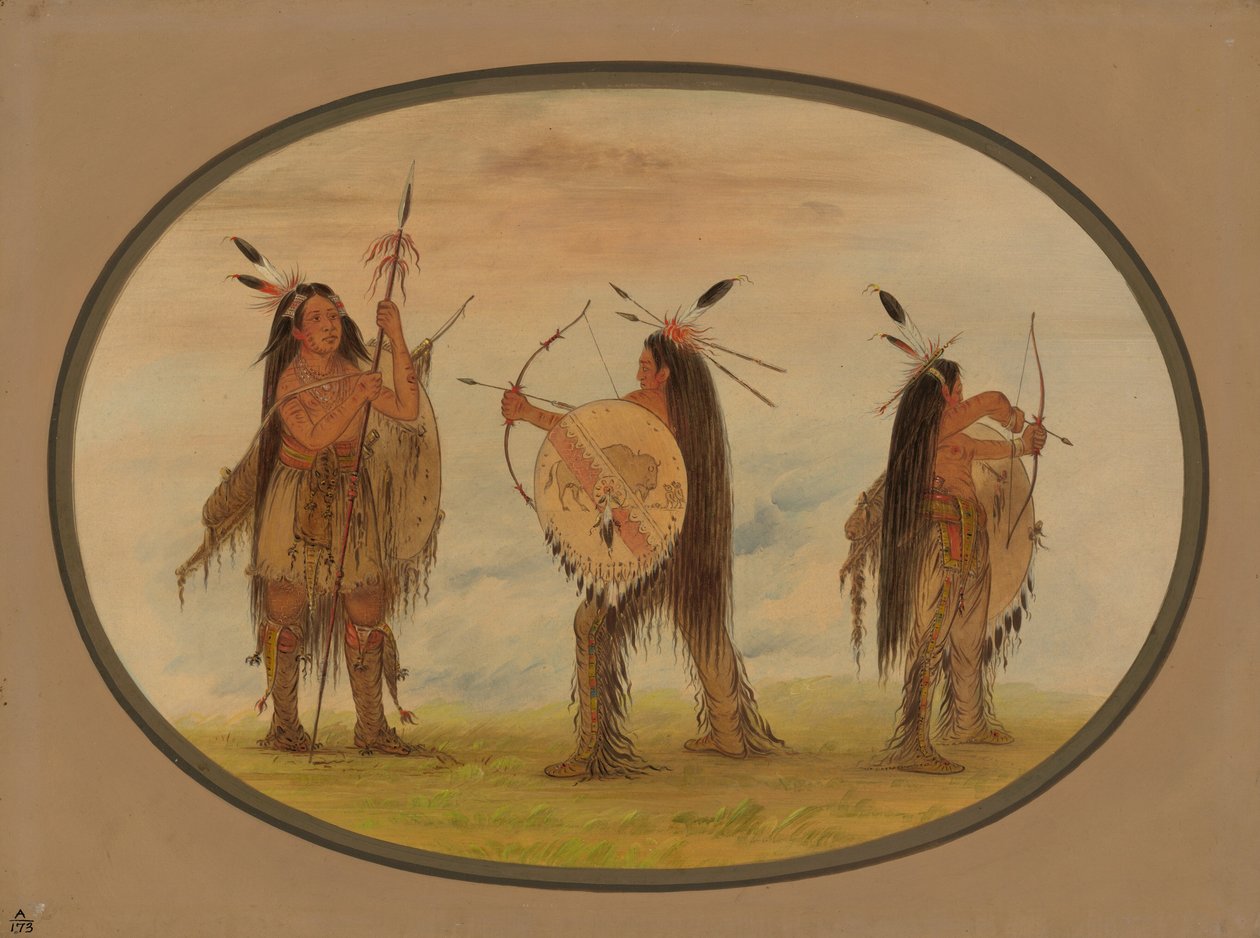 Tři mandanští válečníci vyzbrojení k válce, 18611869. od George Catlin