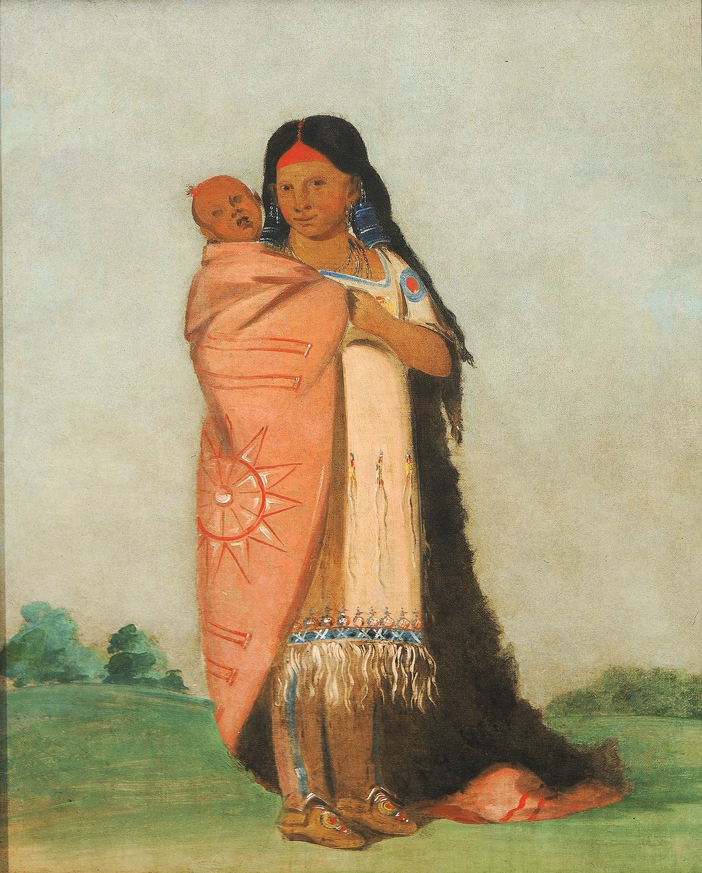 Tsee-moúnt, Velký zázrak, nesoucí své dítě v šatech od George Catlin
