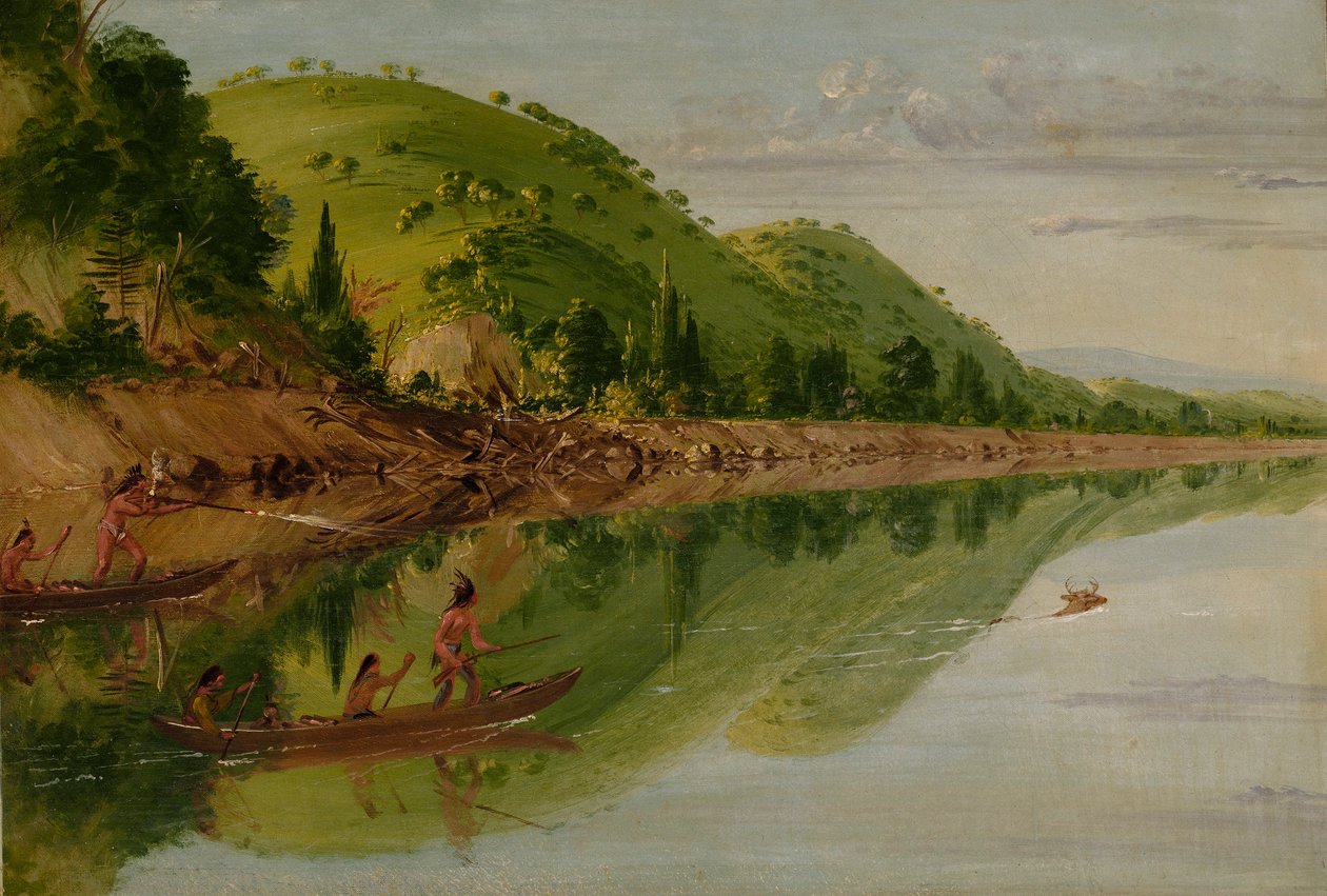 Pohled na řeku Svatého Petra, indiáni Siouxů pronásledující jelena na kánoích od George Catlin