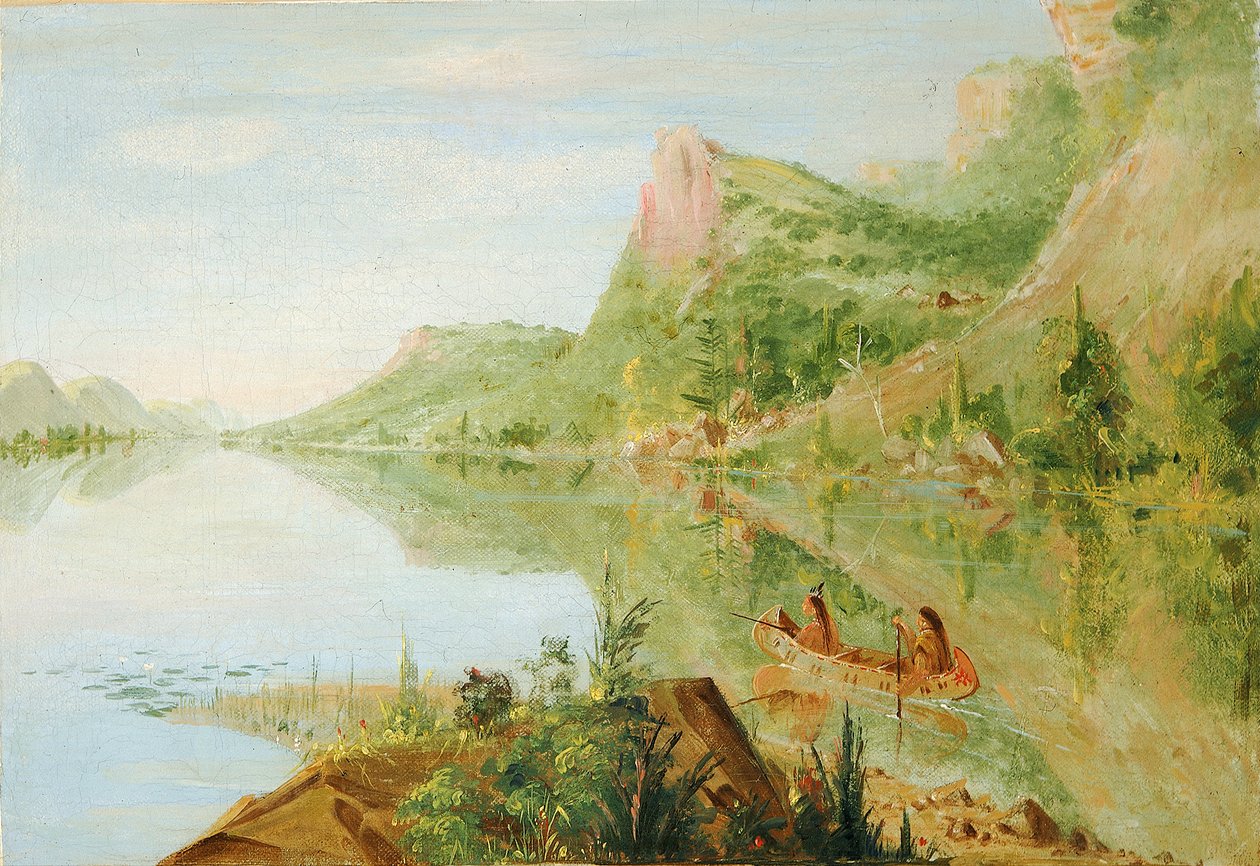 Pohled na řeku Wisconsin, Winnebago Střelba na kachny od George Catlin