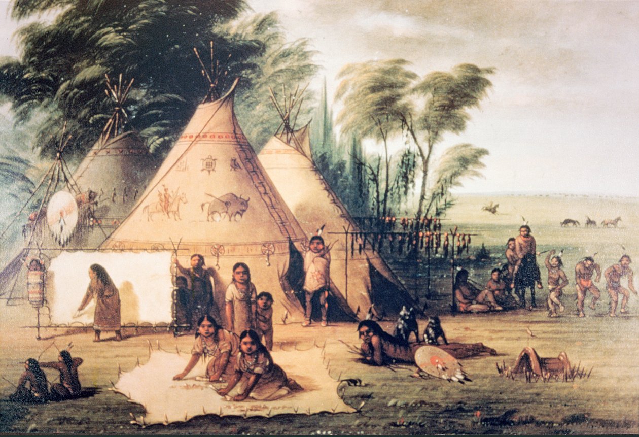 Vesnice severoamerického kmene Siouxů (barva litho) od George Catlin