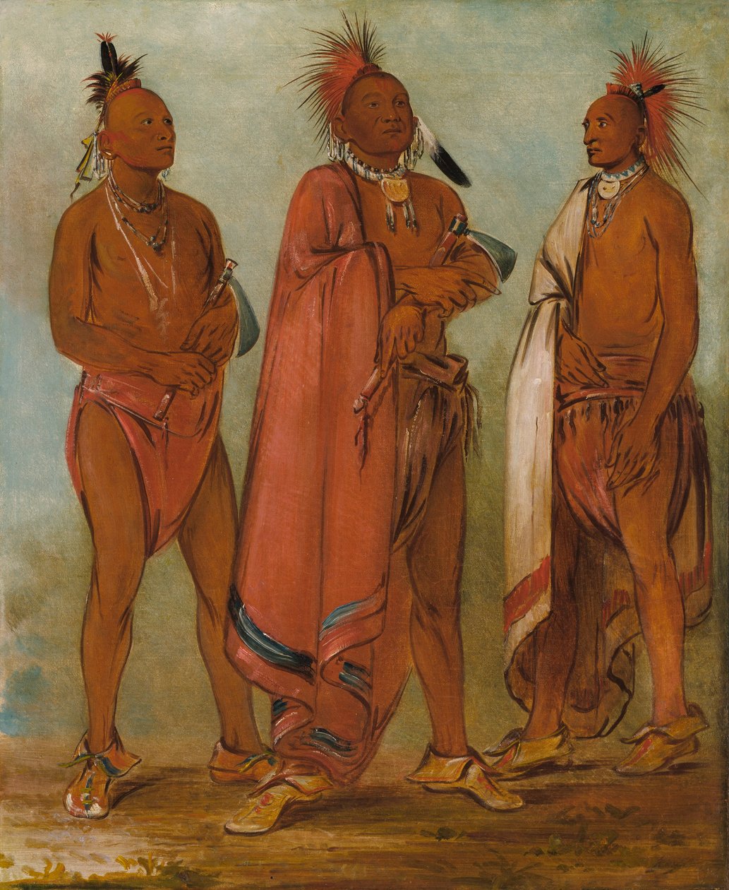 Wa-másh-ee-sheek, Ten, který odnáší; Wa-chésh-uk, Válka; Mink-chésk, Tři význační mladí muži. od George Catlin