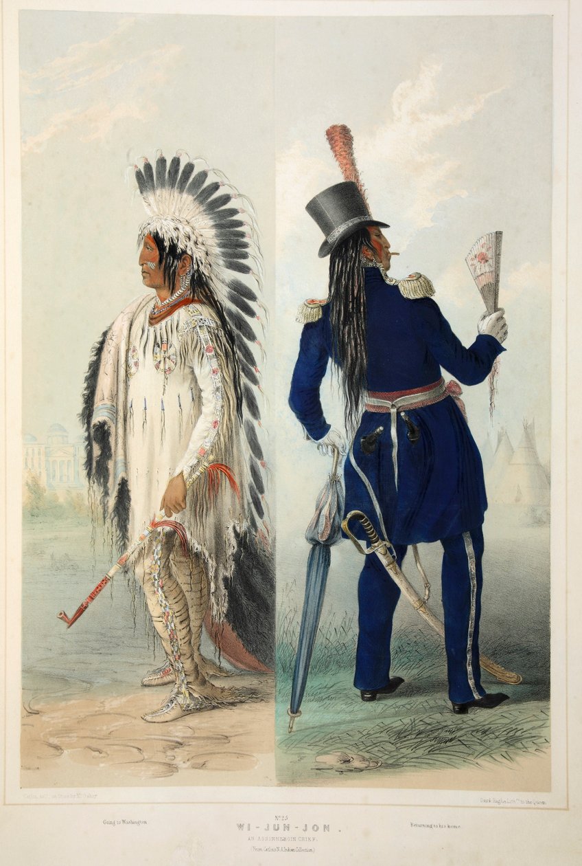 Wi-Jun-Jon, šéf Assinneboin, hospoda. 1845 barevná litografie. od George Catlin