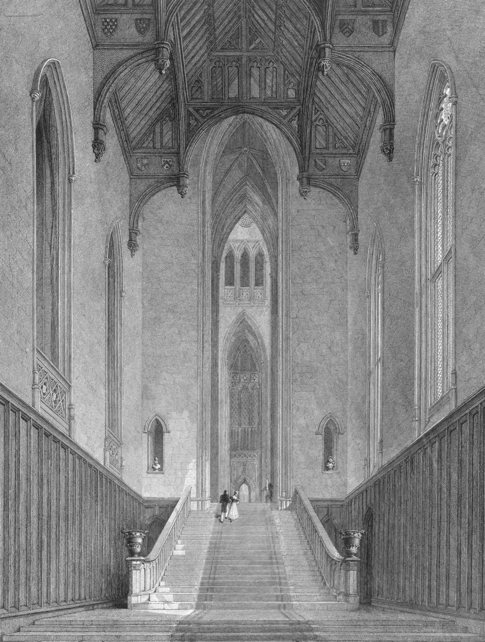 Velká západní hala vedoucí do Grand Saloon nebo Octagon, Fonthill Abbey, vyryla C. J. Varrall, 1823 od George Cattermole