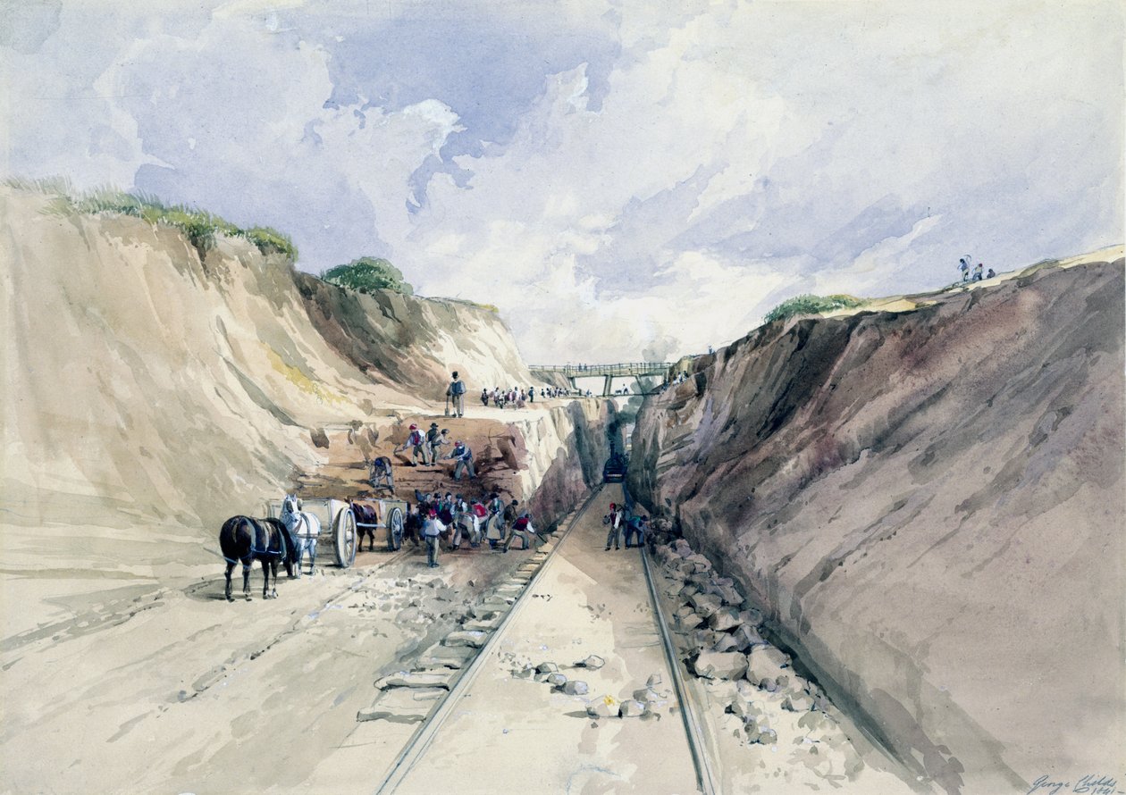 Kopání řezu na Great Western Railway, 1841 (wc na papíře) od George Childs
