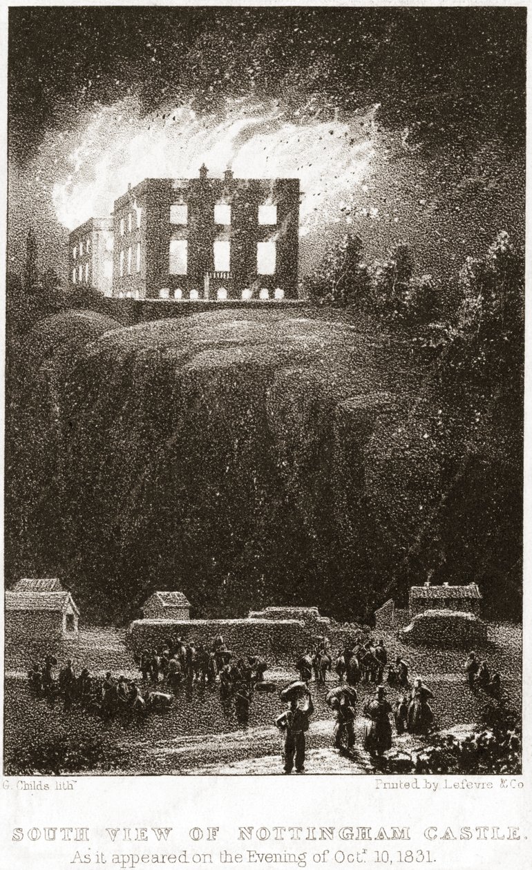 Nottinghamský hrad v plamenech, při pohledu od jihu, 1831 od George Childs