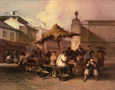 Skupina Číňanů jíst mimo kostel San Domingo od George Chinnery