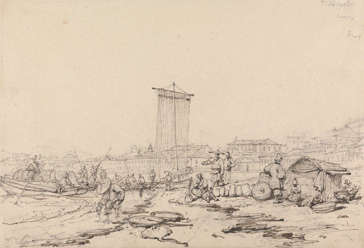 Pobřežní scéna s rybáři a budovami, Macao od George Chinnery