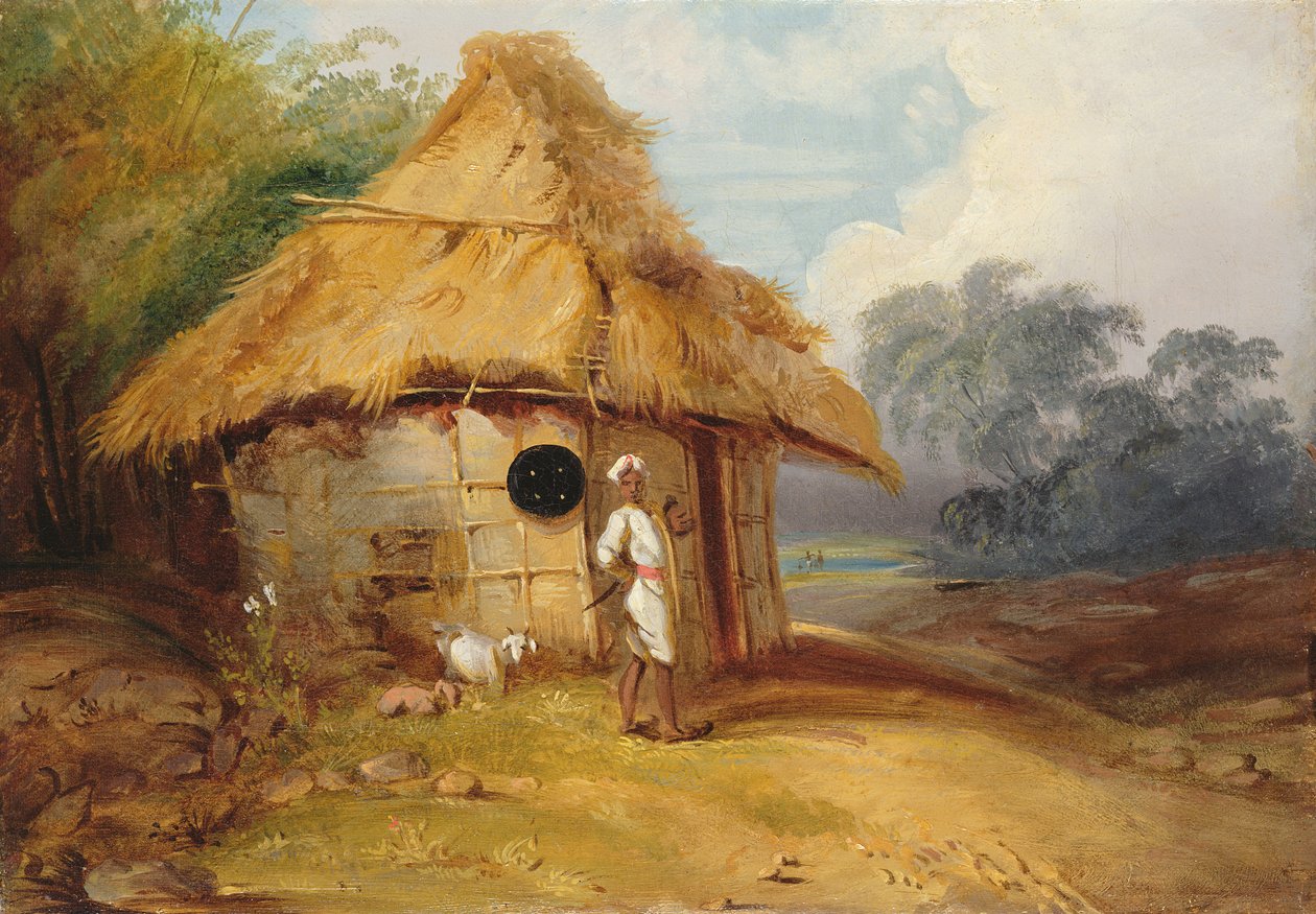Pohled na jižní Indii s válečníkem mimo svou chýši, kolem roku 1815 od George Chinnery