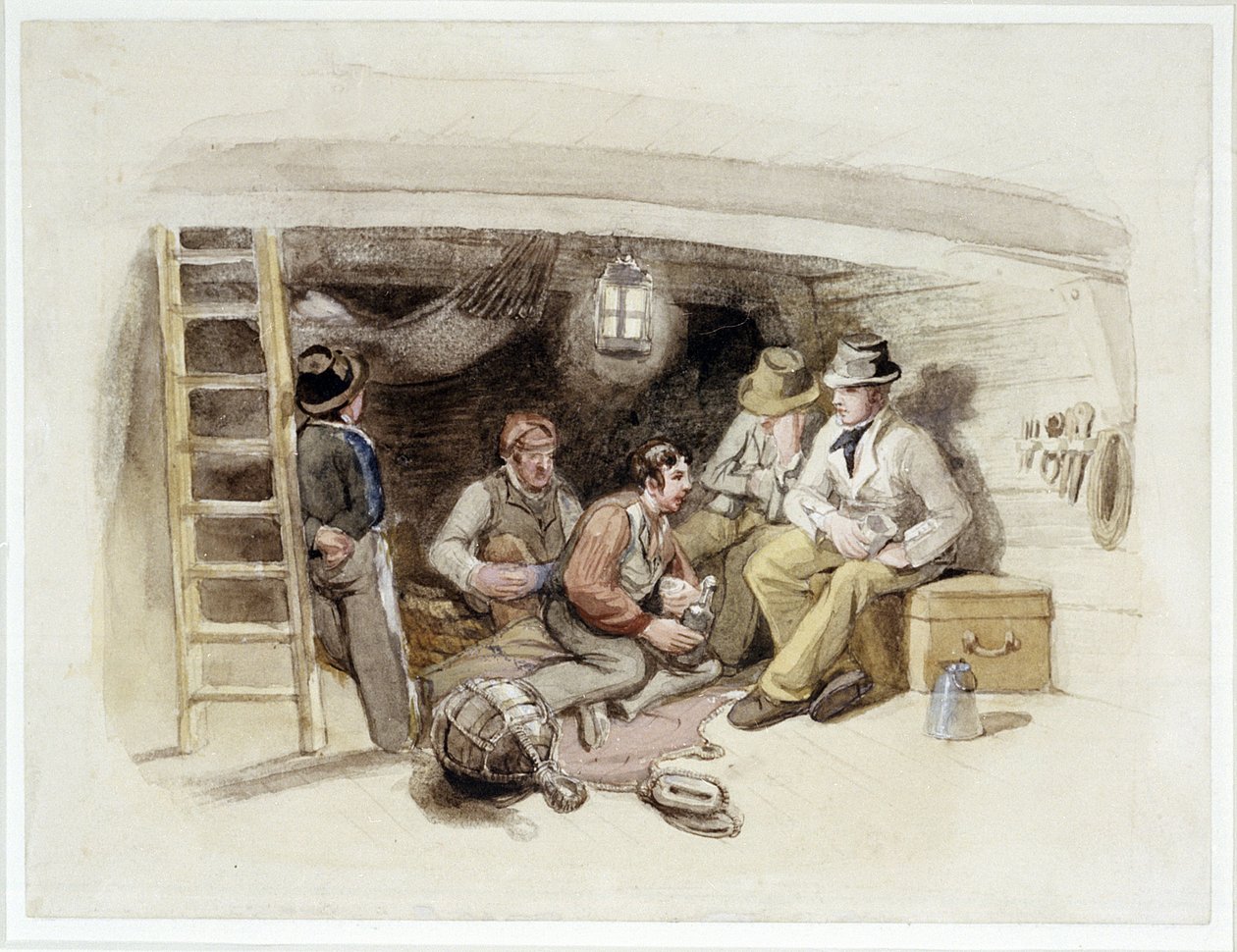 Jack (Tom Saunders), "přední drát", během své první cesty jako učeň (kolážová litografie) od George Clarkson Stanfield