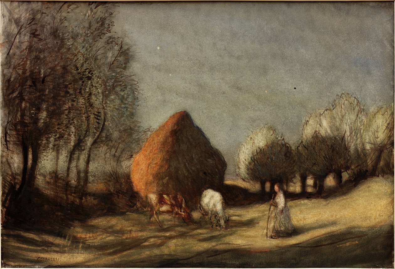 Hayfield, Widdington, asi 1893 (akvarel, kvaš a inkoust) od George Clausen