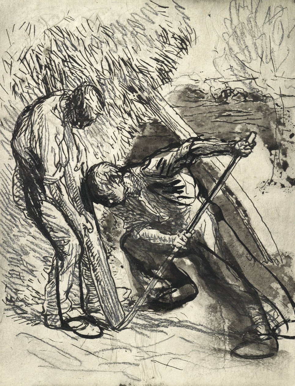 Propping the Rick, cca 1900 (tužka, pero a inkoust na papíře) od George Clausen