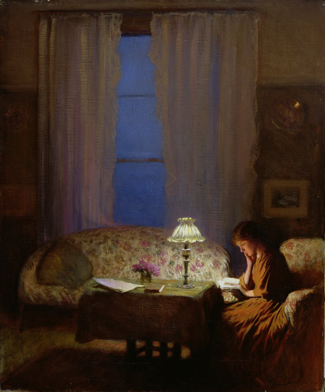 Reading by Lamplight (Twilight: Interior) (olej na plátně) od George Clausen