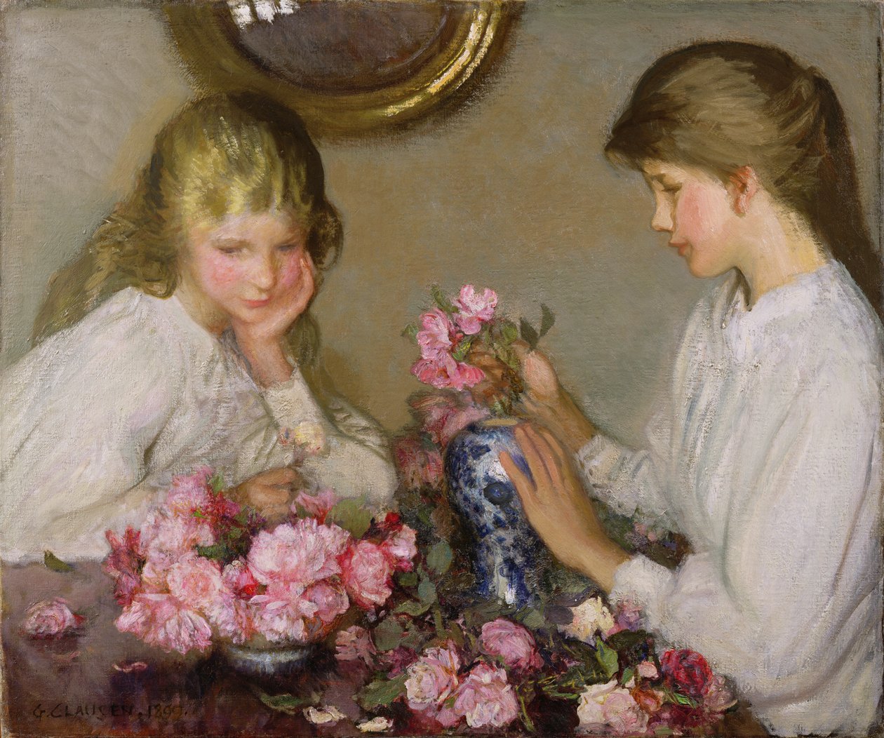 Dvě dívky aranžování kytičky od George Clausen