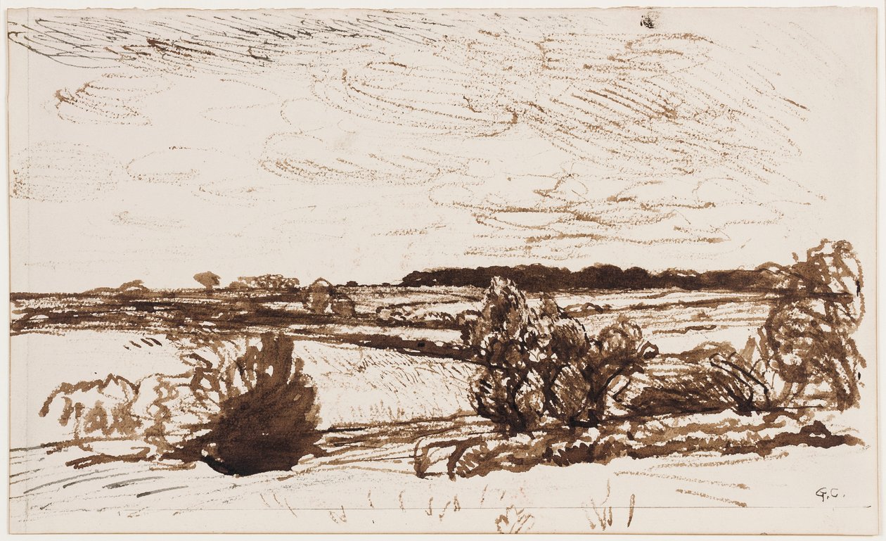 Navátá krajina (pero, štětec a sépiový inkoust na papíře) od George Clausen
