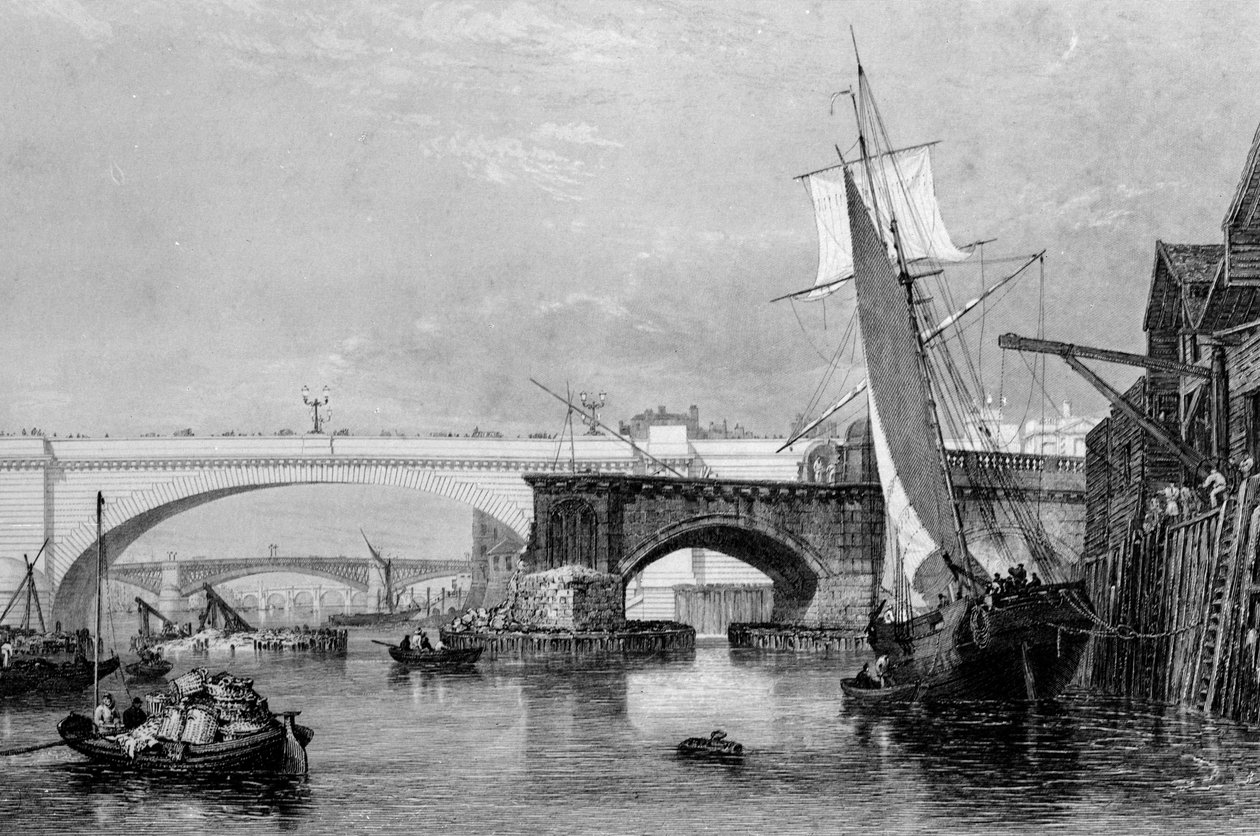 „Část starých a nových londýnských mostů“, 1832 od George Cooke