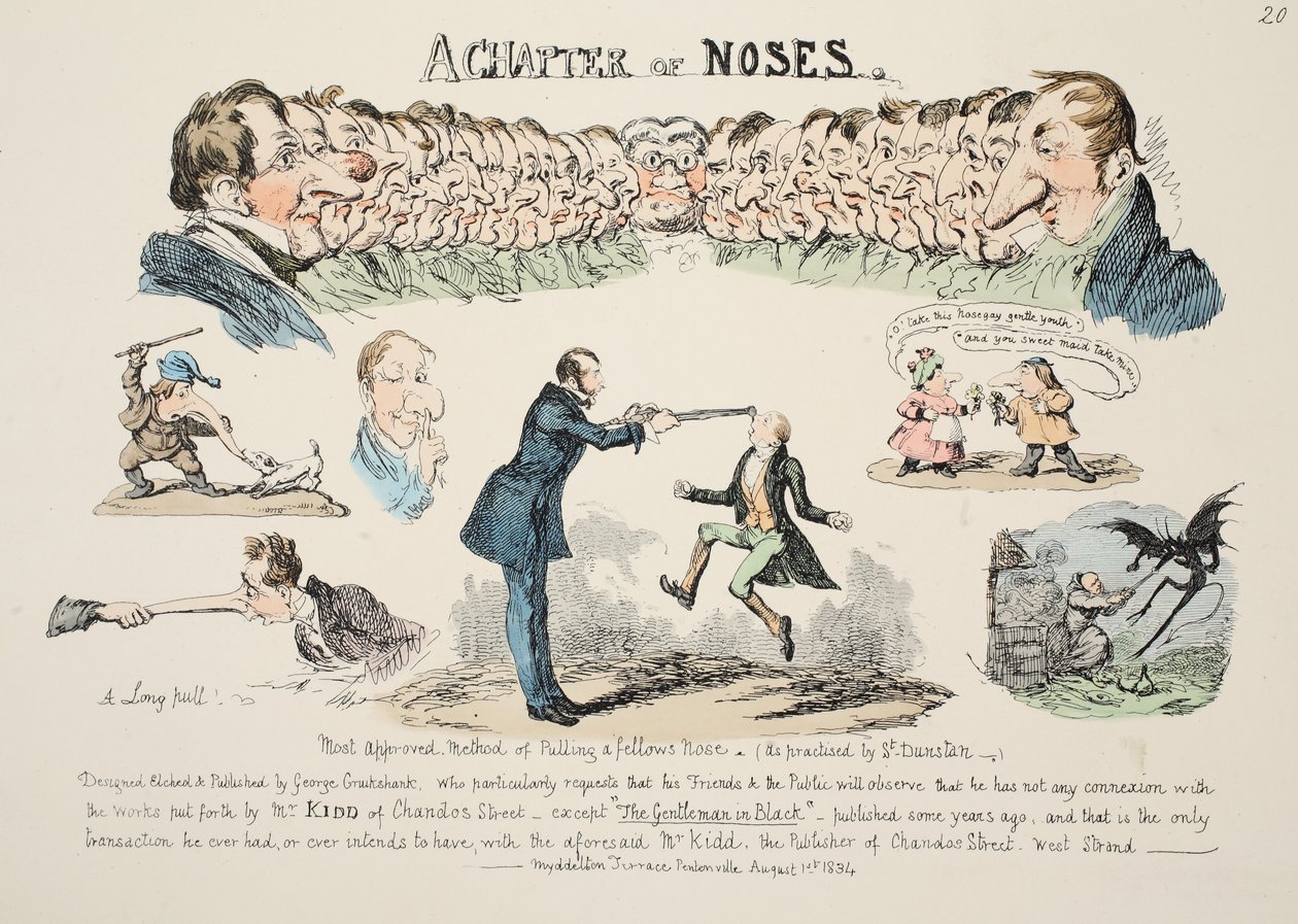 A Chapter of Noses, pub. 1834 (ručně kolorovaná rytina) od George Cruikshank