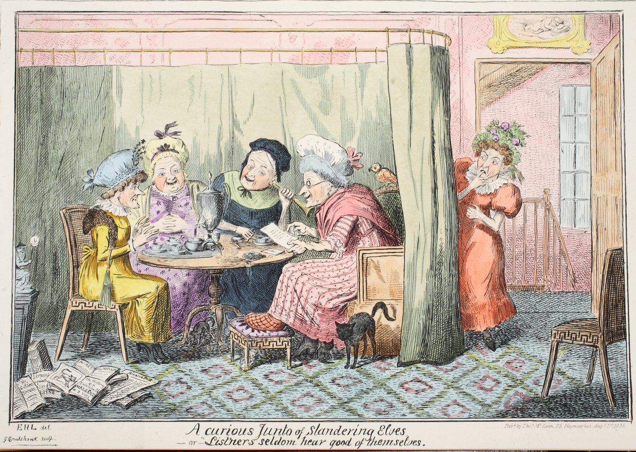 Zvědavý junto pomlouvajících elfů – aneb „Posluchači málokdy slyší dobro od sebe“, 1835 (ručně kolorovaná rytina) od George Cruikshank