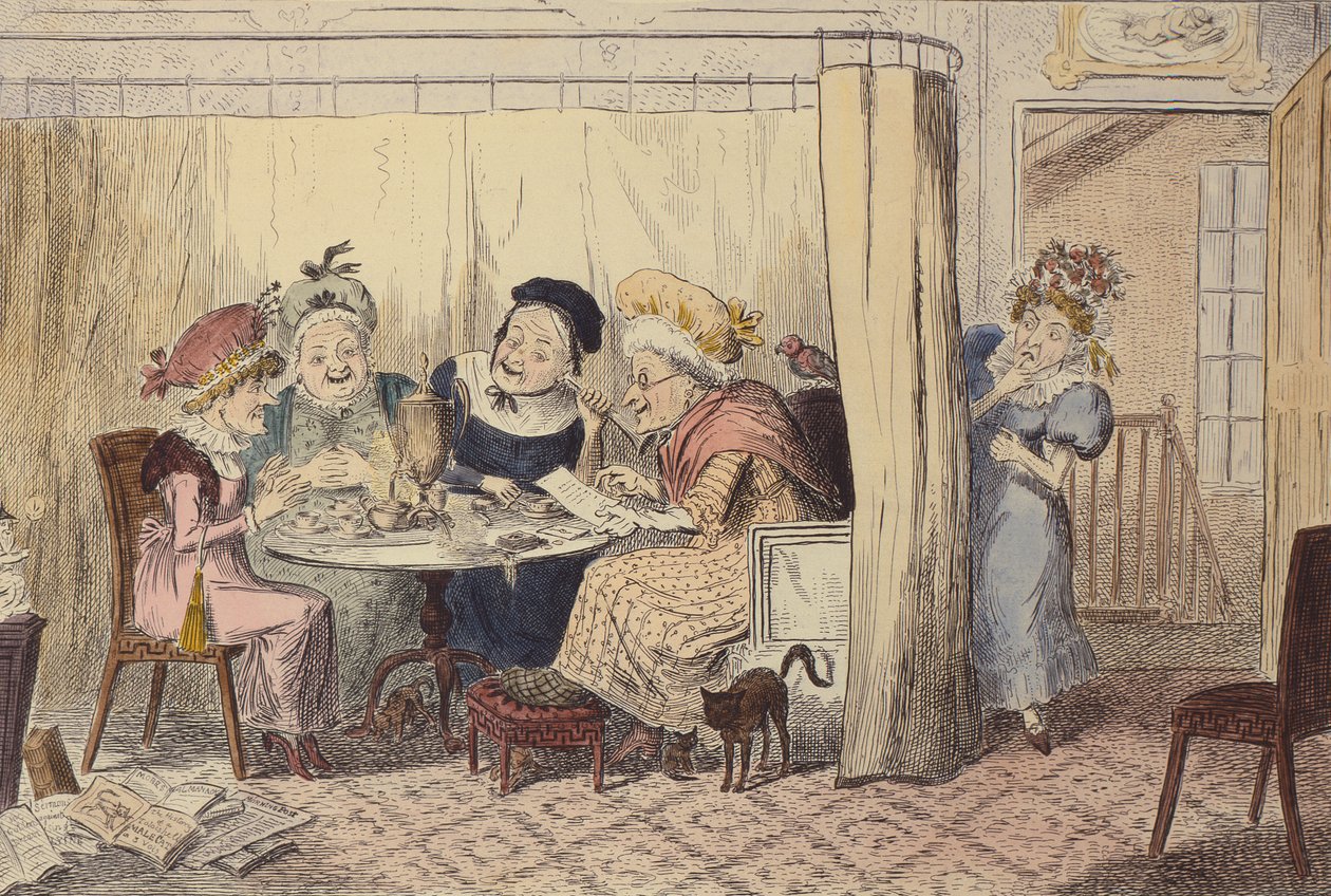 „Zvědavý junto pomlouvajících elfů nebo posluchači málokdy slyší dobro o sobě“, 1835 od George Cruikshank