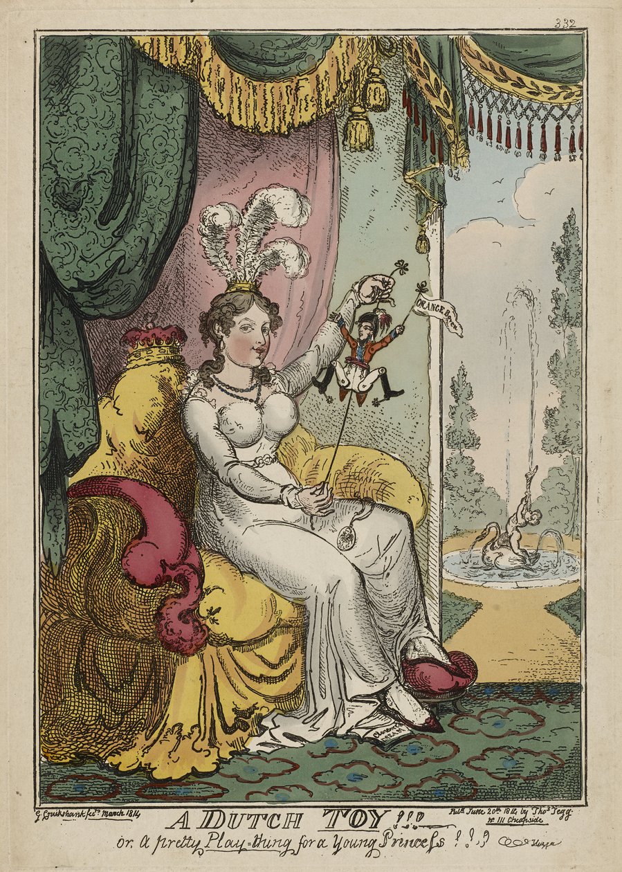 Holandská hračka!!! aneb A Pretty Play-thing for a Young Princess!!! Huzza, březen 1814, publikováno 20. června od George Cruikshank