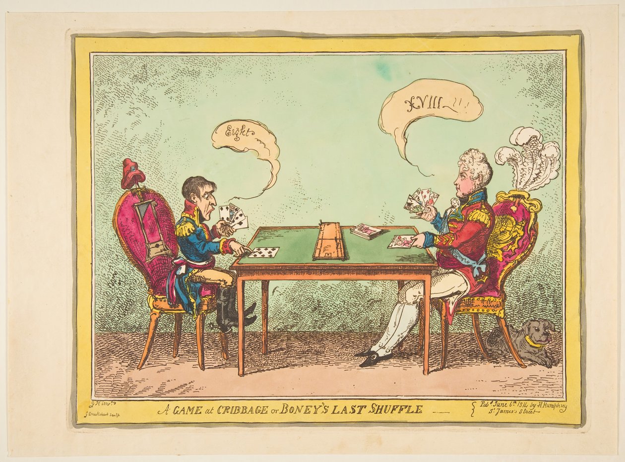 A Game of Cribbage or Boneys Last Shuffle, 6. června 1814. od George Cruikshank