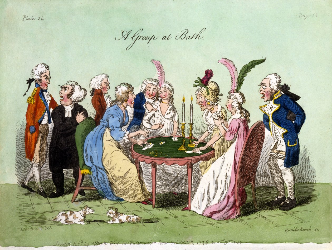 Skupina v Bath, 1796 (ručně kolorovaná akvatinta) od George Cruikshank
