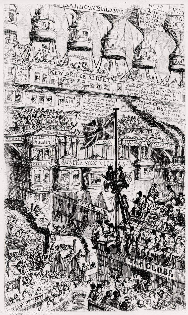 Malthusiánský pohled na budoucnost přelidněného Londýna v Anglii podle spisů Thomase Malthuse od George Cruikshank
