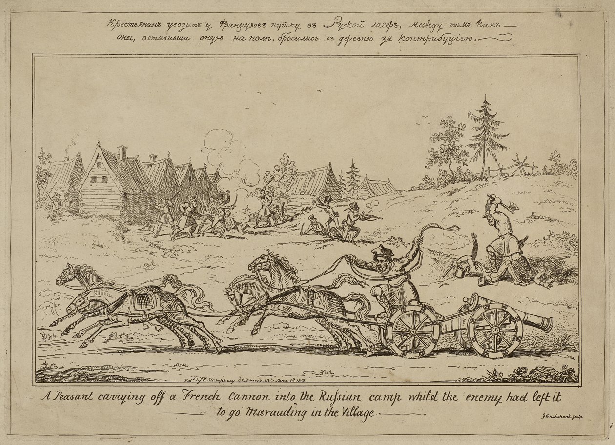 Rolník nesoucí francouzské dělo do ruského tábora, zatímco ho nepřítel opustil, aby se vydal na záplavu ve vesnici, vydáno 8. června 1813 od George Cruikshank
