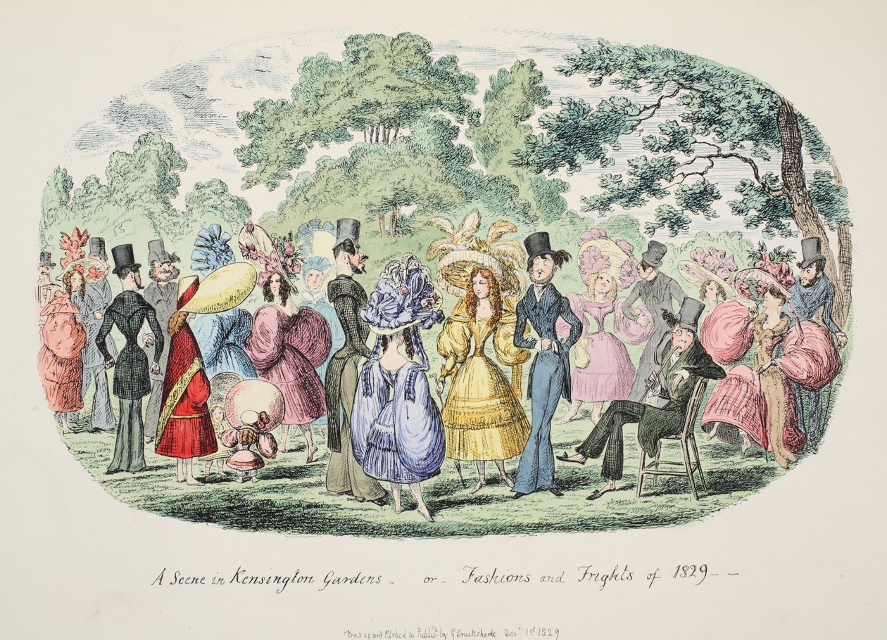 Scéna v Kensington Gardens - aneb - Fashions and Frights of 1829, pub. 1829 (ručně kolorovaná rytina) od George Cruikshank