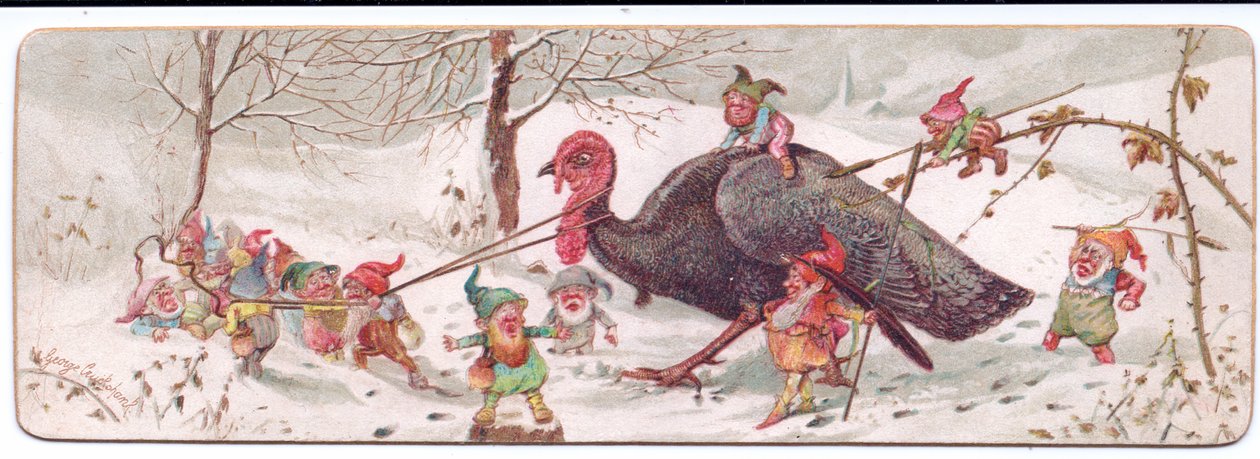 Viktoriánské vánoční přání skupiny zlomyslných elfů, kteří vedou zajatého krocana, kolem roku 1895 (barva litho) od George Cruikshank