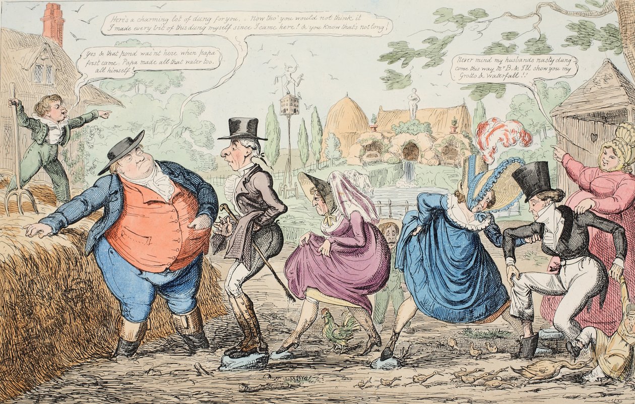 Návštěva Cockney Farm - Viewing the Grounds atd. atd. atd., hospoda. 1835 (ručně kolorovaná rytina) od George Cruikshank