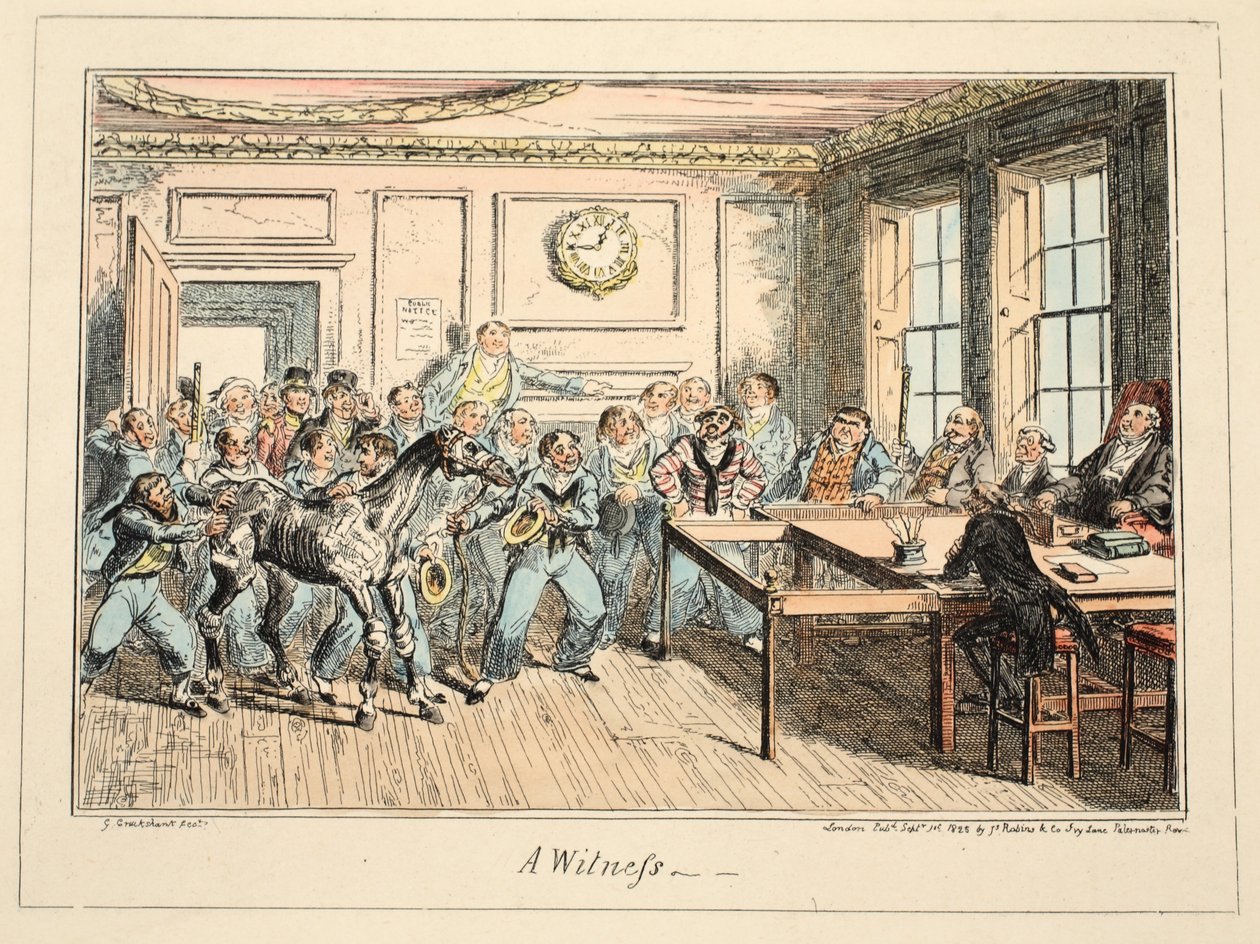 Svědek, z nemocnice Greenwich, série námořních náčrtů, popis života muže z války, hospoda. 1825 (ručně kolorovaná rytina) od George Cruikshank