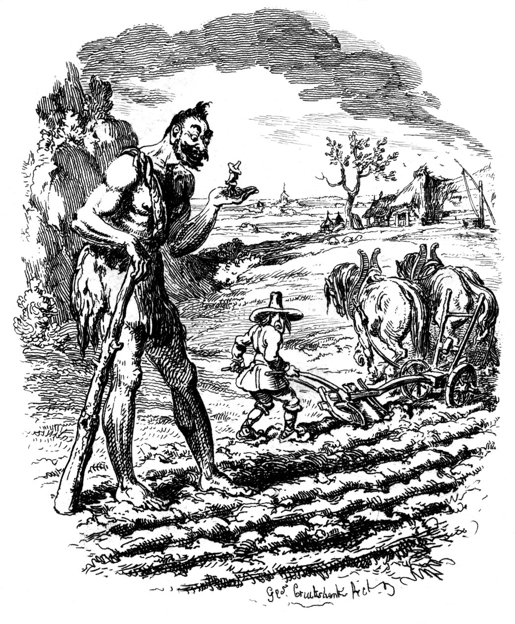 Obr stojí na poli jako farmář pluh, 19. století. od George Cruikshank