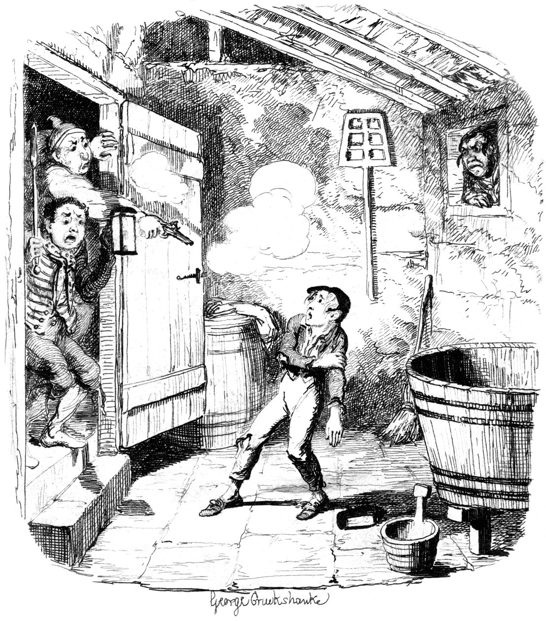 Muž zastřelí mladého chlapce, kterého podezřívá z krádeže, 19. století. od George Cruikshank