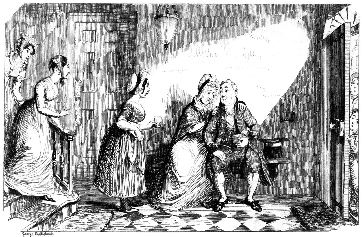 Řada žen se stará o chudého muže, 19. století. od George Cruikshank