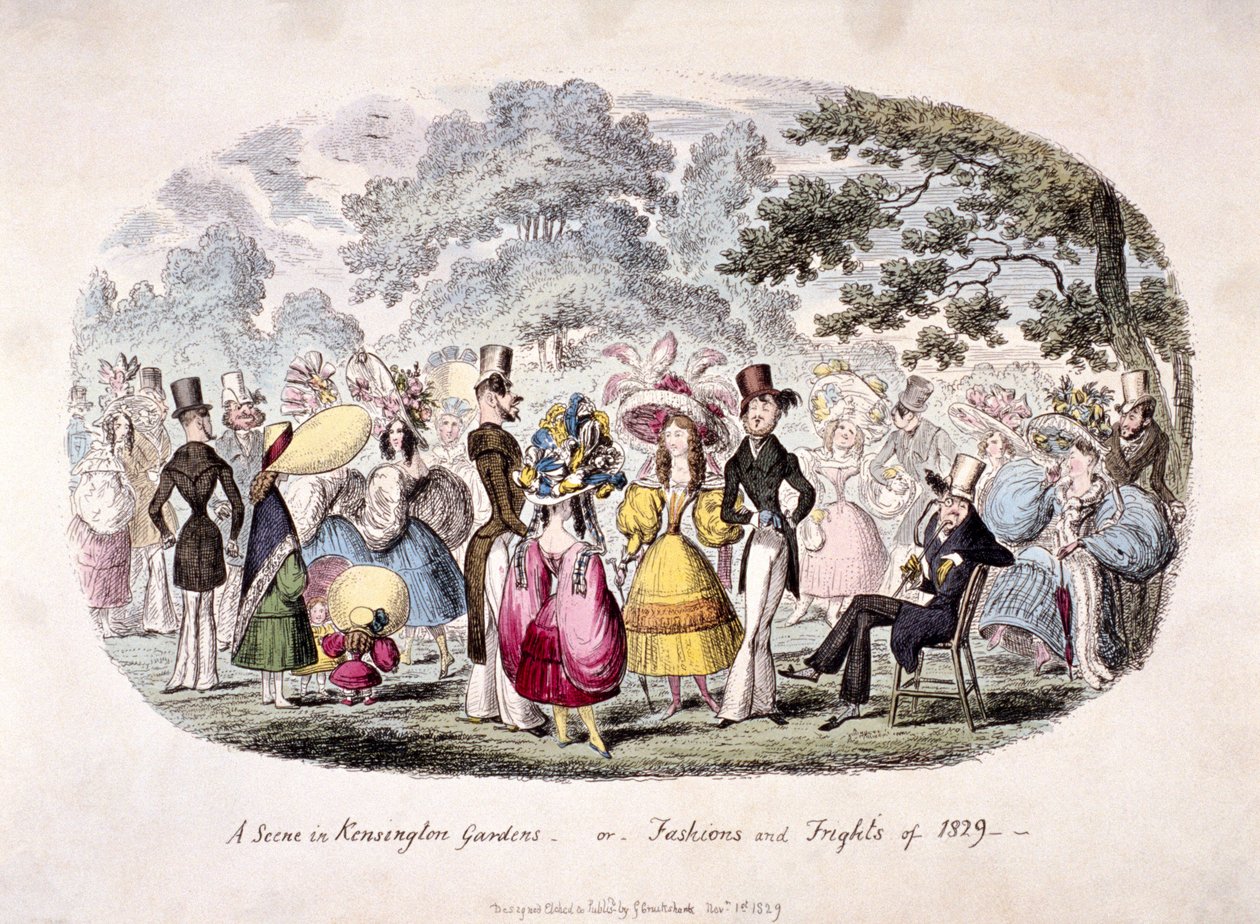 „Scéna v Kensington Gardens – aneb – móda a strach z roku 1829“ od George Cruikshank