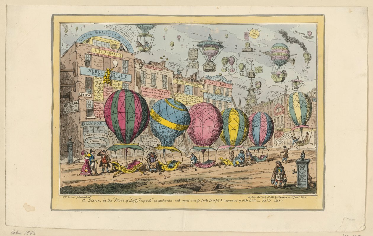 Scéna z frašky „Lofty Projects“, která byla s velkým úspěchem uvedena pro potěšení a zábavu Johna Bulla od George Cruikshank