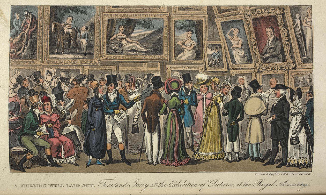 „Šilinková studna. Tom a Jerry na výstavě obrazů v Královské akademii, Život v Londýně atd., Pierce Egan od George Cruikshank