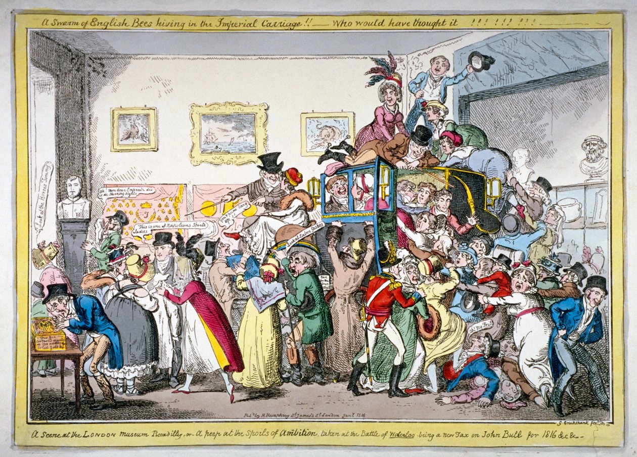 „Roj anglických včel úlujících v císařském kočáru!! scéna v londýnském muzeu, 1816 od George Cruikshank
