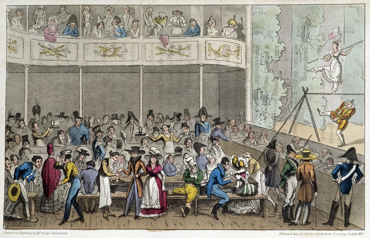 Akrobat show v Café de la Paix – v „Life in Paris“ od Davida Careyho, Londýn od George Cruikshank