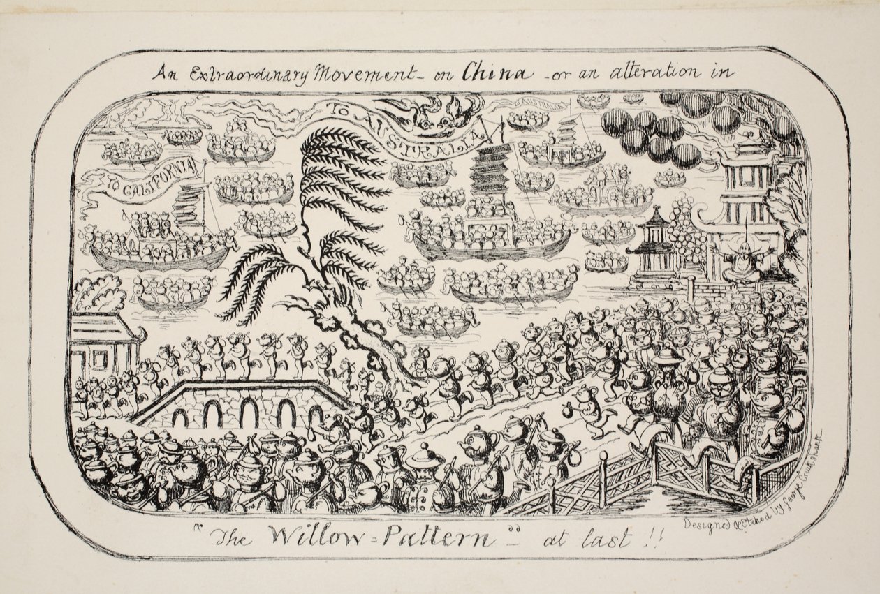 Mimořádné hnutí v Číně – aneb – konečně změna ve Vrbovém vzoru!!, hospoda. 1853 od George Cruikshank